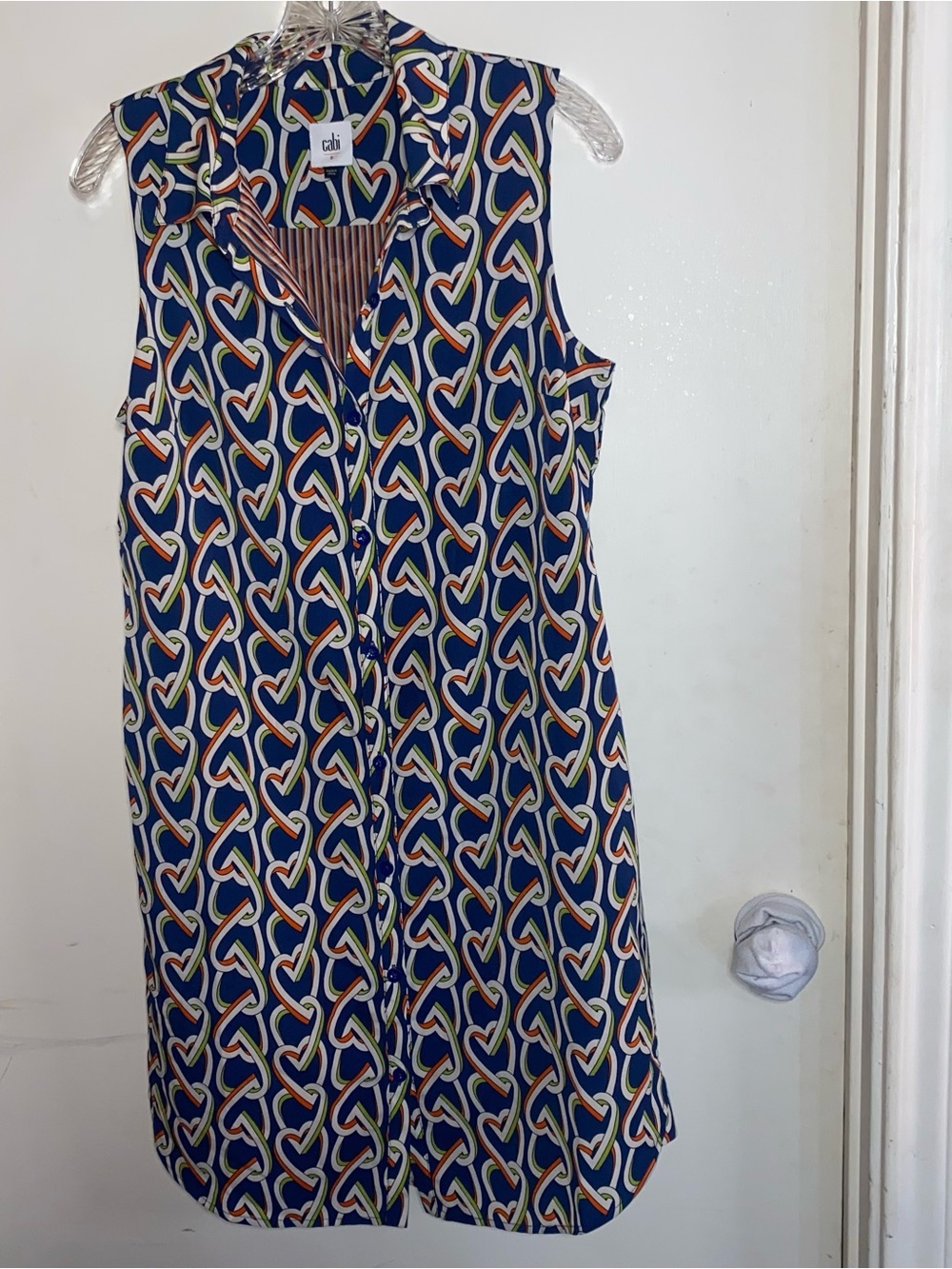 Cabi Womens Amour Heart Chain Shirt Dress Size S Blue Orange Buttons Sleeveless